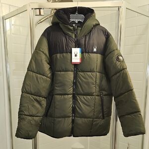 Spyder Men's Insulated Puffer Jacket In Olive & Black. NWT.